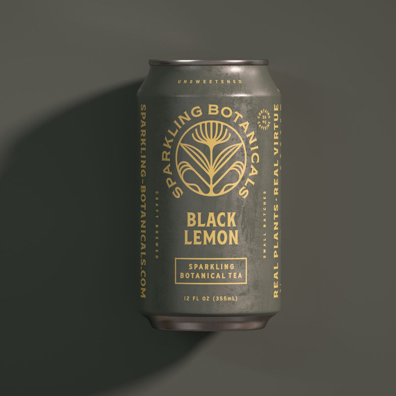 A can of Rishi Tea & Botanicals' Black Lemon on a grey background.