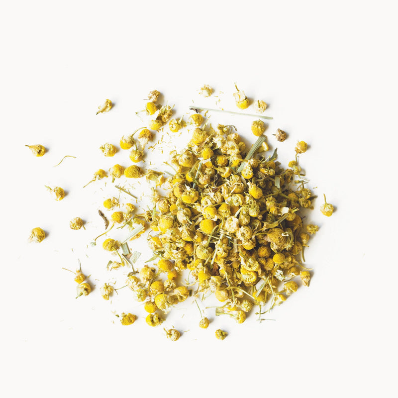 A pile of dried Chamomile Medley flowers from Rishi Tea & Botanicals on a white background.