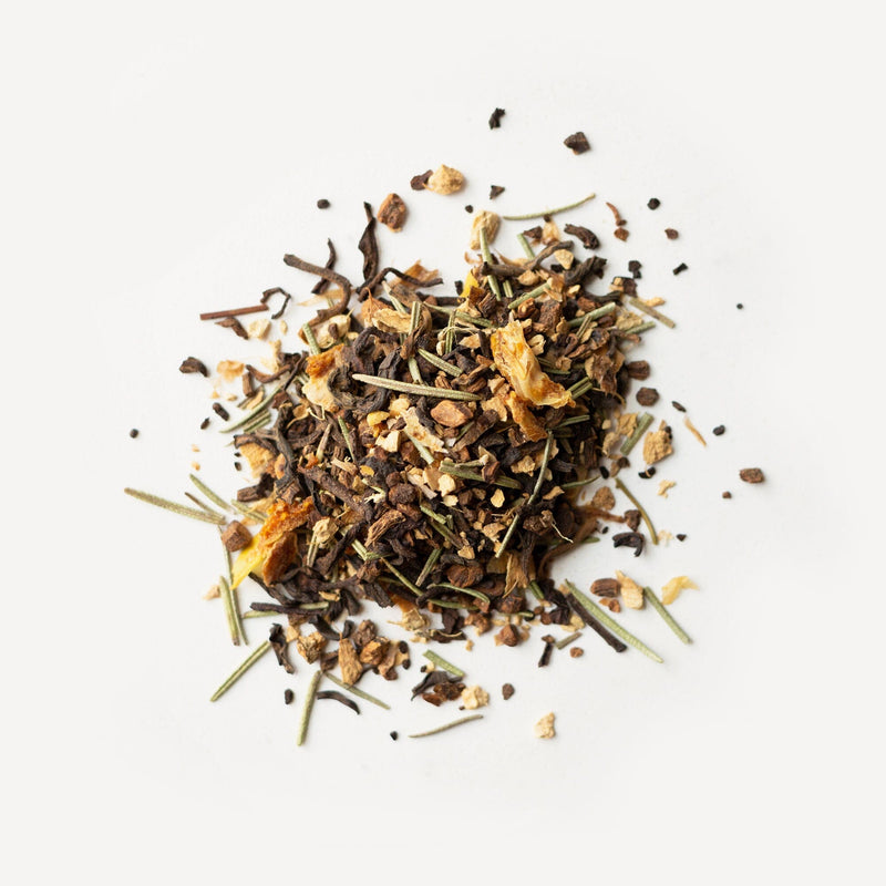 A pile of Dandelion Ginger herbs and spices on a white background. (Brand: Rishi Tea & Botanicals)