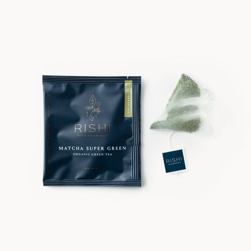 A bag of Matcha Super Green tea with a green leaf on it from Rishi Tea & Botanicals.