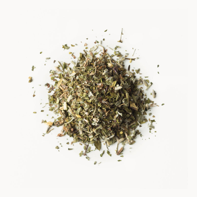 A pile of Lavender Mint from Rishi Tea & Botanicals on a white background.