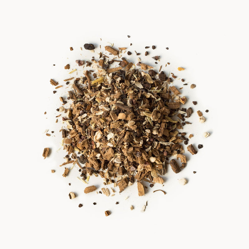 A pile of dried Mushroom Hero herbs and spices on a white background by Rishi Tea & Botanicals.