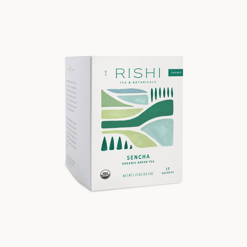 A box of Rishi Tea & Botanicals' Sencha tea on a white background.