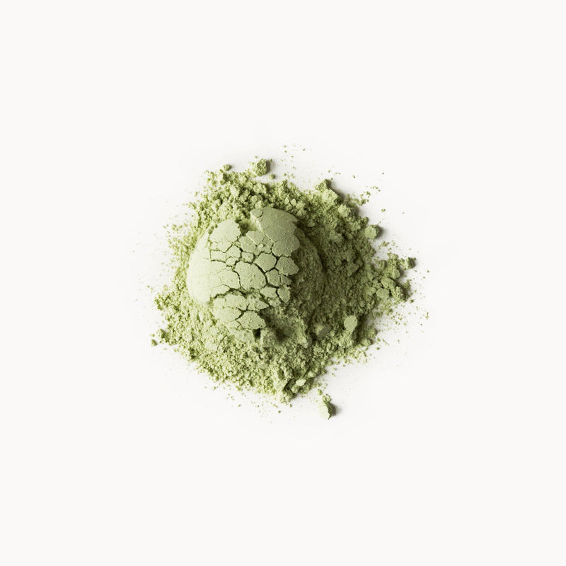 A pile of Sweet Matcha powder on a white background by Rishi Tea & Botanicals.
