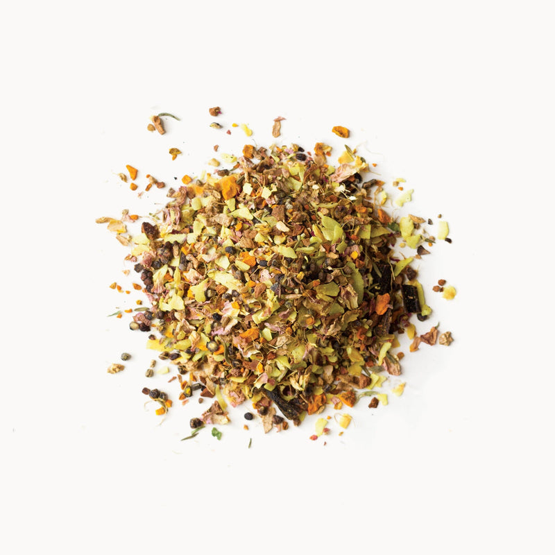 A pile of Rishi Tea & Botanicals' Turmeric Chai on a white background.