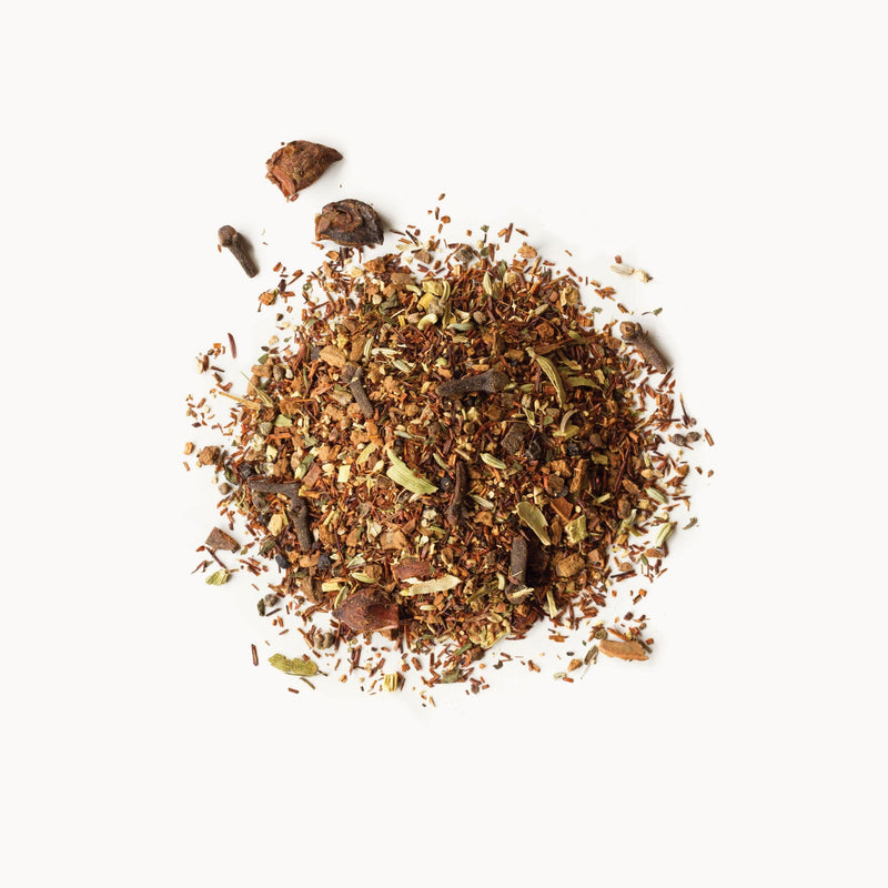A pile of West Cape Chai from Rishi Tea & Botanicals on a white background.