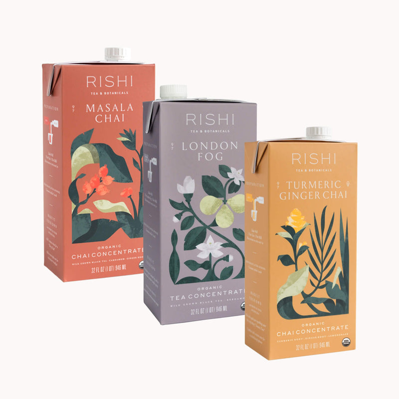 Three cartons of Rishi Tea & Botanicals Concentrate Sampler Pack in different flavors: Masala Chai, London Fog, and Turmeric Ginger.