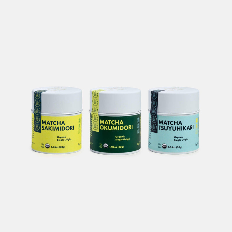 Three jars of different types of masks, including organic Rishi Tea & Botanicals Single-Origin Matcha Trio Bundle and single-cultivar varieties.