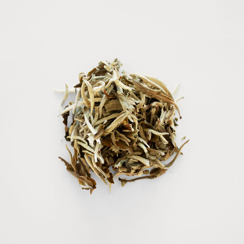 A pile of Organic Magnolia White Tea (Yu Lan Hua) from Rishi Tea & Botanicals with floral scent and honey sweetness on a white background.
