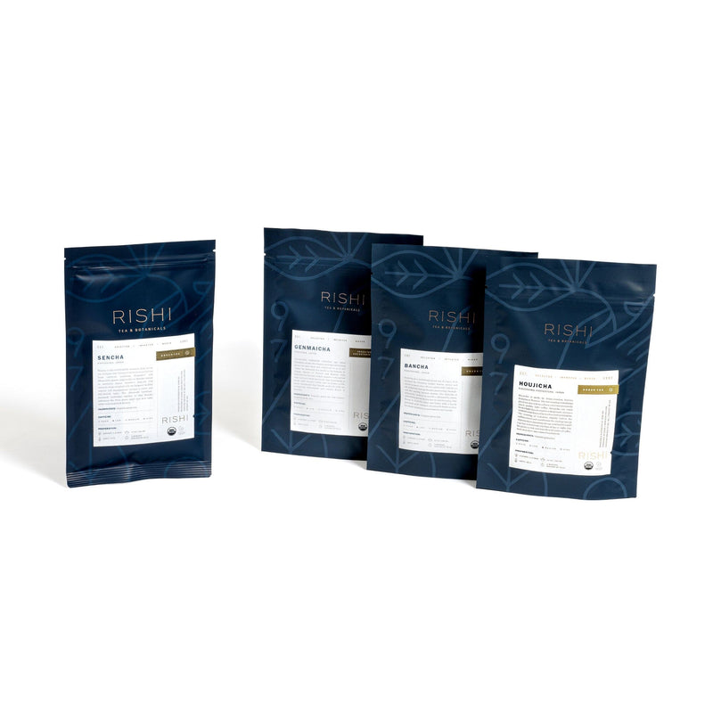 Four bags of Japan Flight of Tea from Rishi Tea & Botanicals on a white background.