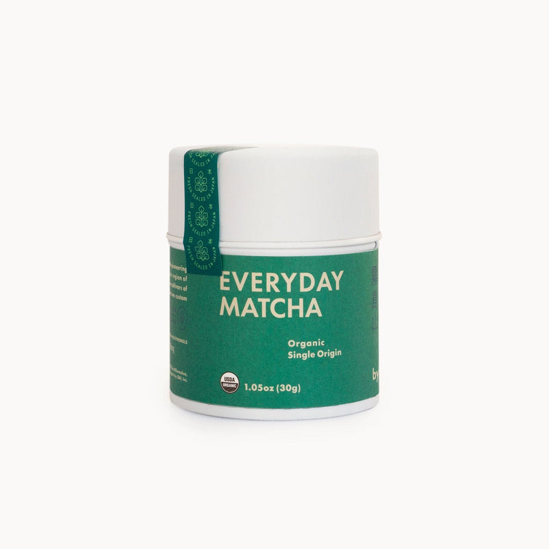 A jar of Rishi Tea & Botanicals' Everyday Matcha on a white background.