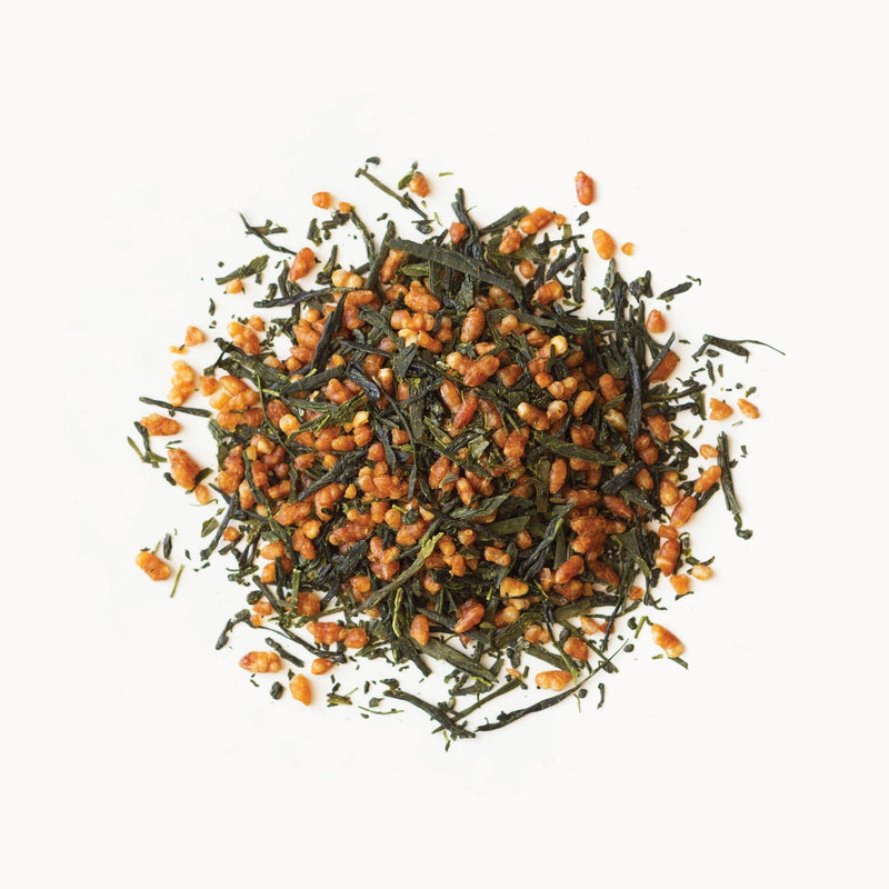 A pile of Rishi Tea & Botanicals' Genmaicha on a white background.