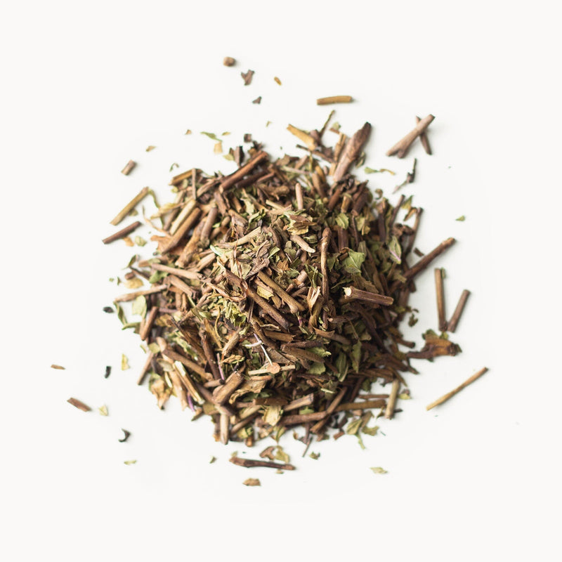 A pile of Green Tea Mint from Rishi Tea & Botanicals on a white background.