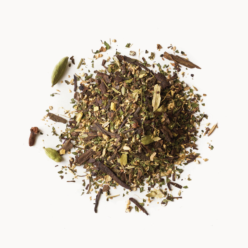 A pile of Maghreb Mint herbs and spices on a white background by Rishi Tea & Botanicals.