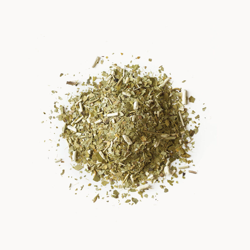 A pile of Rishi Tea & Botanicals Yerba Mate on a white background.