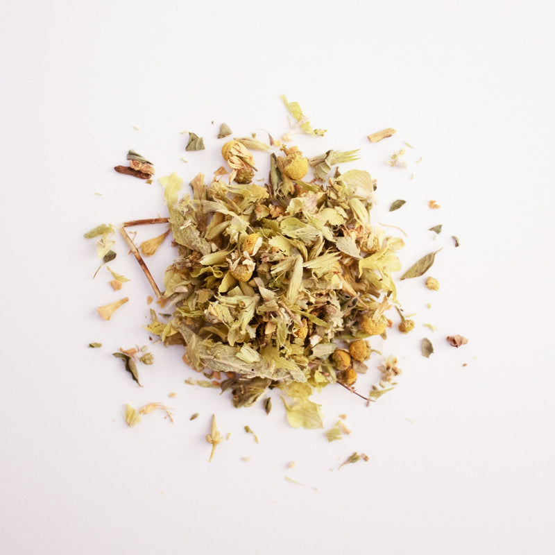 A pile of Greek Mountain Tea from Rishi Tea & Botanicals on a white background.