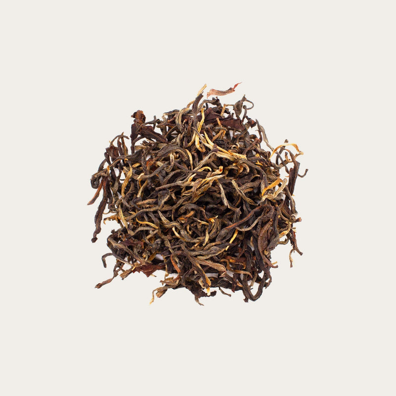 A close-up of a loose pile of Oven-Baked Dian Hong Mao Feng Black Tea leaves from Rishi Tea & Botanicals, highlighting their rich mix of dark brown and golden hues against a plain white background, evoking the smooth and malty flavor characteristic of renowned black teas.