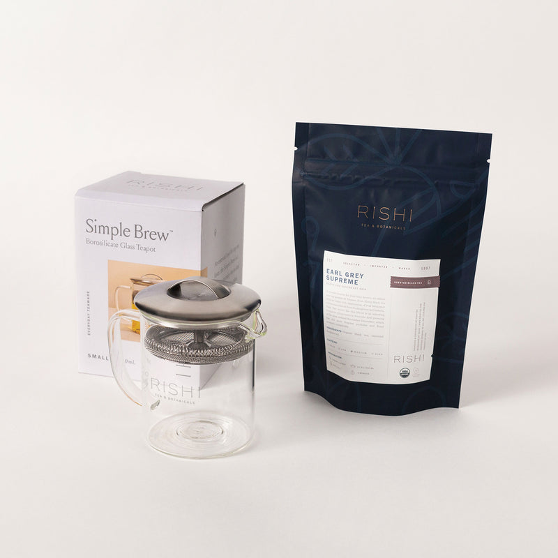 The Earl Grey Supreme & Simple Brew Set by Rishi Tea & Botanicals includes a Simple Brew teapot, along with a box labeled 