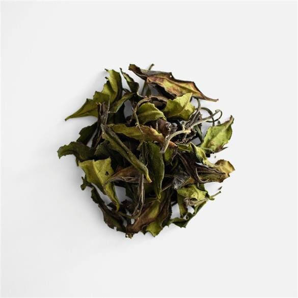 A pile of Shan Bai Cha White Tea No. 2 leaves on a white surface from Rishi Tea & Botanicals.